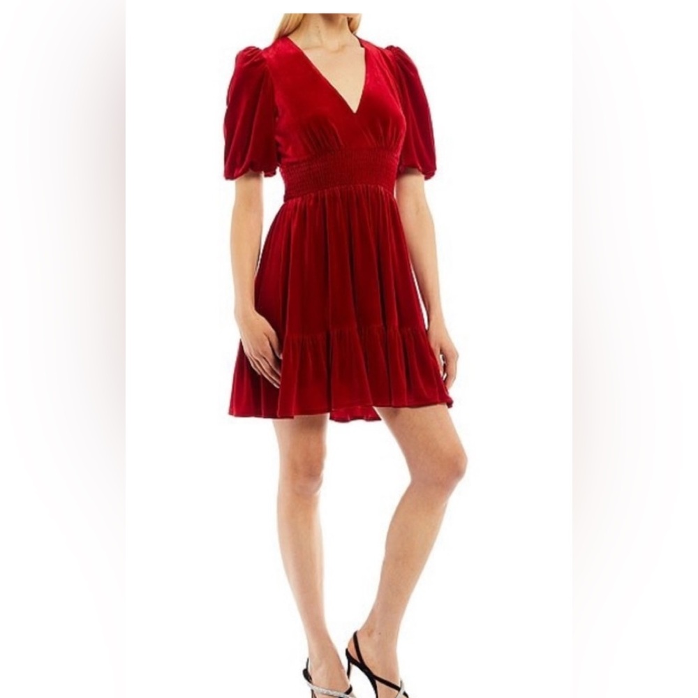 Antonio Melani Thelma Bubble Sleeve V neck smocked waist  Elegant Velvet Dress